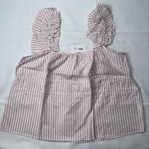 Harshman Alize Flutter Sleeve Top in White/Rose Pink‎ Stripes 1X
